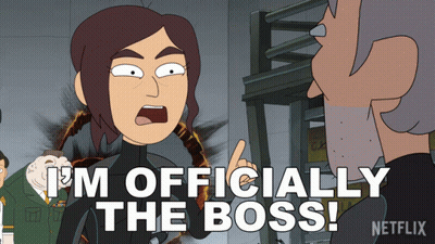 A Cartoon Says " I 'M Officially The Boss " In White Letters GIF
