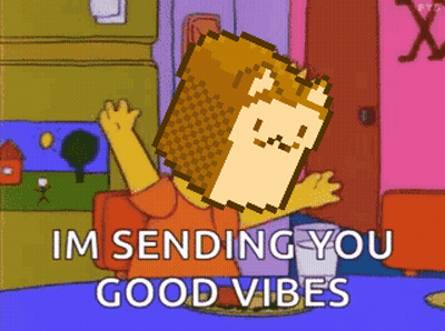 A Cartoon Says Im Sending You Good Vibes With A Pixelated Cat On His Head GIF