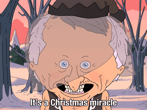 A Cartoon Says It 'S A Christmas Miracle With An Old Man In A Santa Hat GIF
