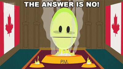 A Cartoon Says The Answer Is No With A Smiley Face On A Podium GIF