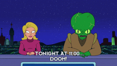 A Cartoon Says Tonight At 11:00 Doom On The Screen GIF