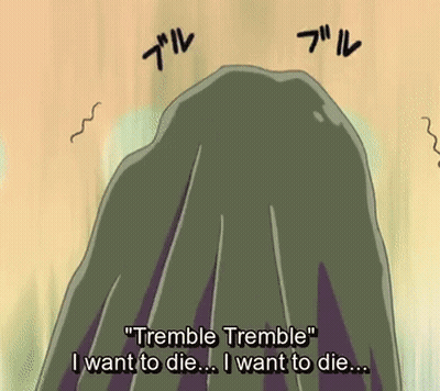 A Cartoon Says " Tremble Tremble " In Front Of A Mountain GIF