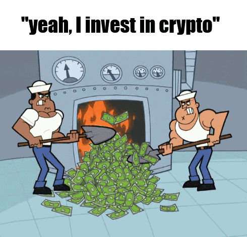 A Cartoon Says " Yeah I Invest In Crypto " And Has Two Men Digging In A Pile Of Money GIF