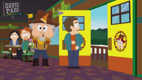 A Cartoon Scene From South Park Shows A Man Standing In Front Of A Yellow Door GIF