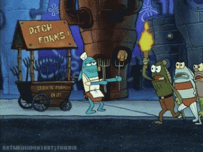 A Cartoon Scene From Spongebob Squarepants Shows Pitch Forks GIF