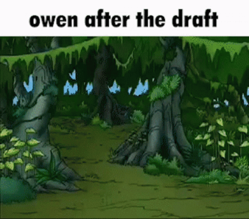 A Cartoon Scene Of A Forest With Trees And Plants And The Words `` Owen After The Draft '' . GIF