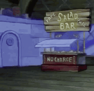 A Cartoon Scene Of A Free Salad Bar With A No Charge Sign GIF