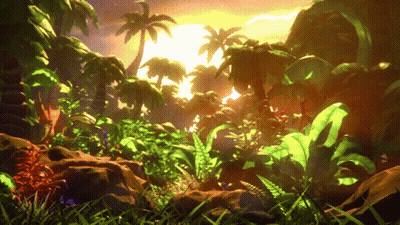 A Cartoon Scene Of A Jungle With Palm Trees And Rocks GIF