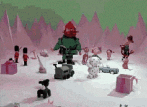 A Cartoon Scene Of Santa Claus Surrounded By Toys GIF