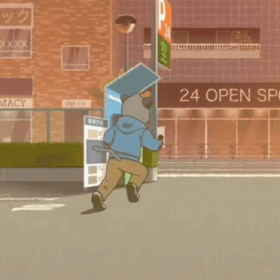 A Cartoon Scene With A 24 Open Space Sign GIF