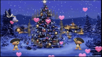 A Cartoon Scene With A Christmas Tree And Hearts In The Background GIF