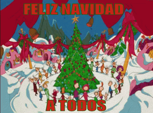 A Cartoon Scene With A Christmas Tree And The Words Feliz Navidad A Todos On The Bottom GIF