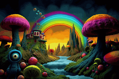 A Cartoon Scene With A House And A Rainbow GIF