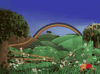 A Cartoon Scene With A Rainbow In The Sky GIF