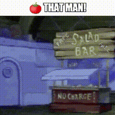 A Cartoon Scene With A Sign That Says " Salad Bar " GIF