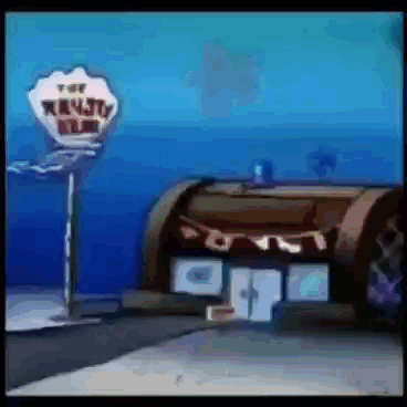 A Cartoon Scene With A Sign That Says ' The Krusty Krab ' GIF