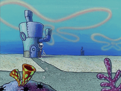 A Cartoon Scene With A Spongebob Character Standing In Front Of A Building GIF