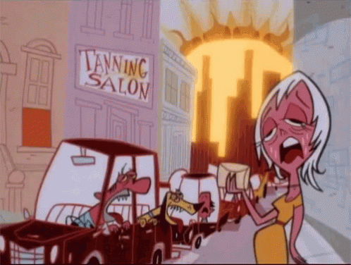A Cartoon Scene With A Tanning Salon On The Corner GIF
