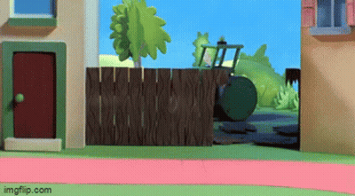 A Cartoon Scene With A Wooden Fence And A Tractor Behind It GIF