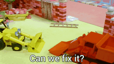 A Cartoon Scene With A Yellow Bulldozer And A Red Dump Truck With The Words Can We Fix It GIF