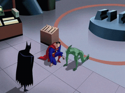 A Cartoon Scene With Batman Superman And A Green Superhero GIF