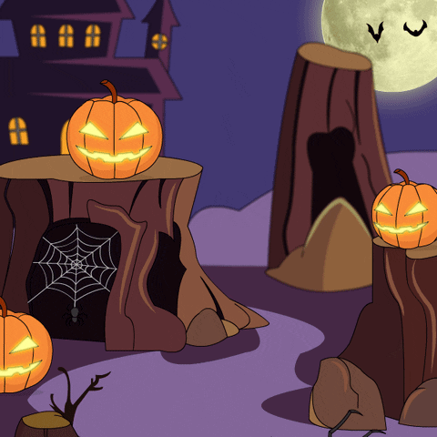 A Cartoon Scene With Pumpkins On Stump In Front Of A House GIF