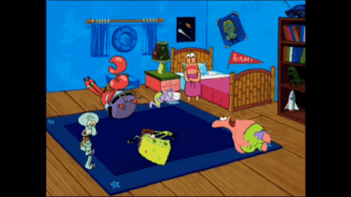 A Cartoon Scene With Spongebob And Patrick In A Room GIF