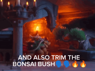 A Cartoon Scene With The Words And Also Trim The Bonsai Bush Below It GIF