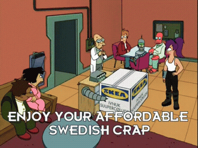 A Cartoon Scene With The Words Enjoy Your Affordable Swedish Crap At The Top GIF