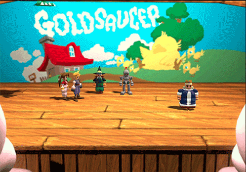 A Cartoon Scene With The Words Goldsaucer On The Wall GIF