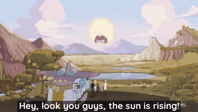 A Cartoon Scene With The Words Hey Look You Guys The Sun Is Rising On The Bottom GIF