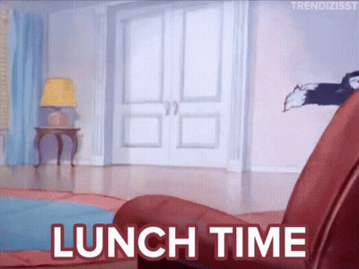 A Cartoon Scene With The Words Lunch Time Written On It GIF