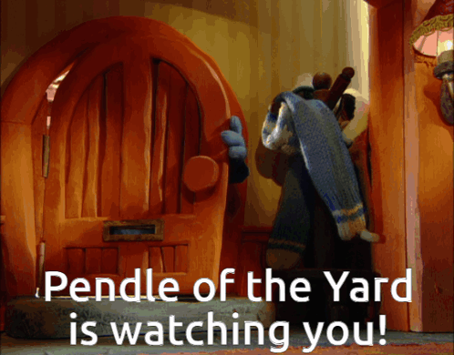A Cartoon Scene With The Words Pendle Of The Yard Is Watching You On The Bottom GIF