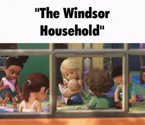 A Cartoon Scene With The Words " The Windsor Household " On Top GIF