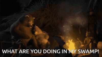 A Cartoon Scene With The Words " What Are You Doing In My Swamp " At The Bottom GIF