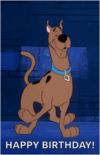 A Cartoon Scooby Doo Says Happy Birthday On A Blue Background GIF
