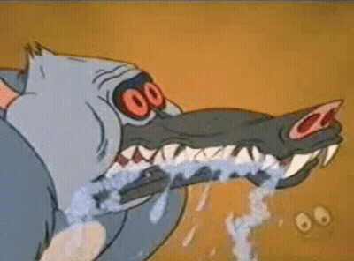 A Cartoon Shark Is Eating Something With Its Mouth Open And Water Is Coming Out Of It 'S Mouth . GIF