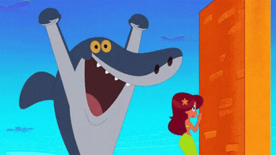 A Cartoon Shark Is Standing Next To A Mermaid GIF