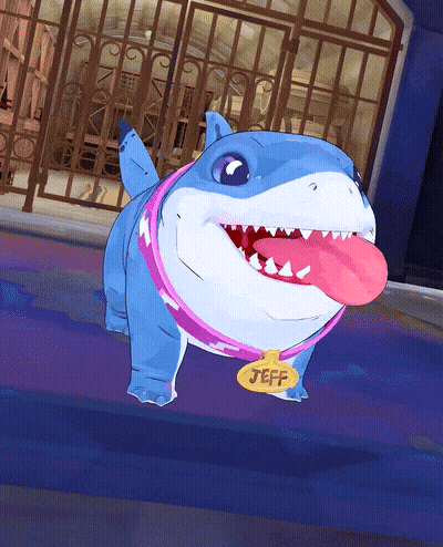 A Cartoon Shark Wearing A Collar With The Name Jeff On It GIF