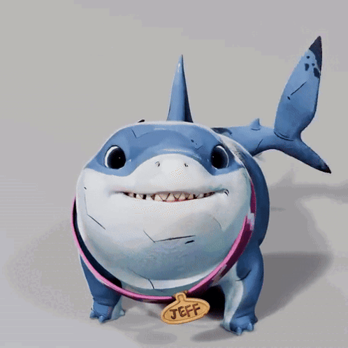 A Cartoon Shark With A Name Tag That Says Jeff On It GIF