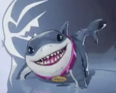 A Cartoon Shark With A Pink Scarf Around Its Neck Is Smiling . GIF