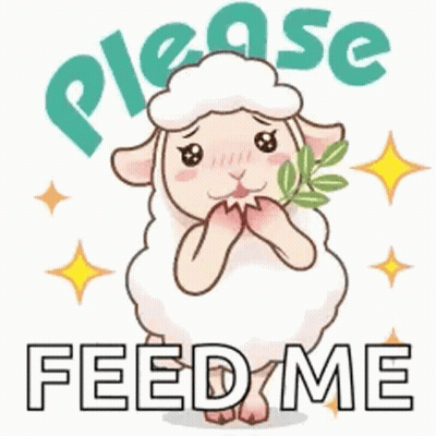 A Cartoon Sheep Is Holding A Leaf In Its Mouth And Asking To Feed It . GIF
