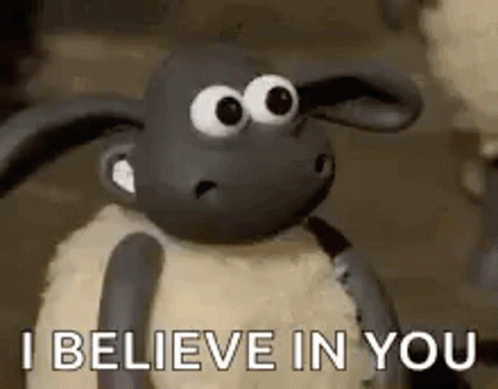 A Cartoon Sheep Is Saying `` I Believe In You '' While Standing Next To Another Sheep . GIF