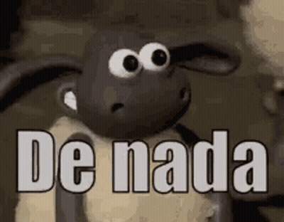 A Cartoon Sheep With Big Eyes And The Words `` De Nada '' Written On It . GIF