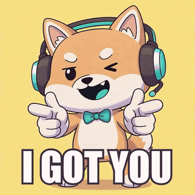 A Cartoon Shiba Inu Wearing Headphones And A Bow Tie Says I Got You GIF
