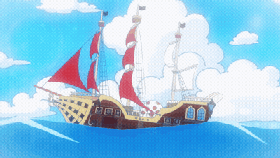 A Cartoon Ship With Red Sails Is Floating On The Water GIF