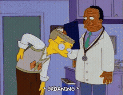 A Cartoon Shows A Doctor Examining A Patient 'S Back And Groaning GIF