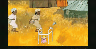 A Cartoon Shows A Girl In A Walker And A Man In A White Robe GIF