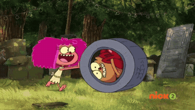 A Cartoon Shows A Girl With Pink Hair And A Man In A Tire With The Nick 2 Logo GIF