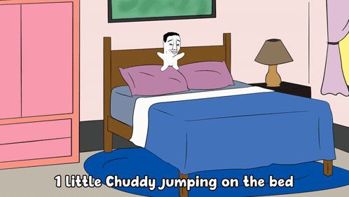 A Cartoon Shows A Little Chuddy Jumping On The Bed GIF
